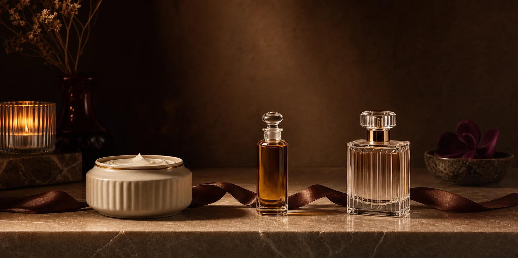 An unbranded body butter, oil and perfume arranged as a layered scent ritual